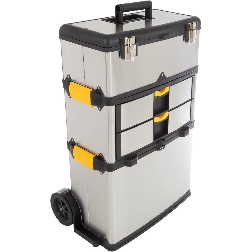 image:image3Part Portable Tool Box  StainlessSteel Drawer Organizer with Wheels Extendable Handle and Tough Latches  Rolling Tool Chest by Stalwart Silver