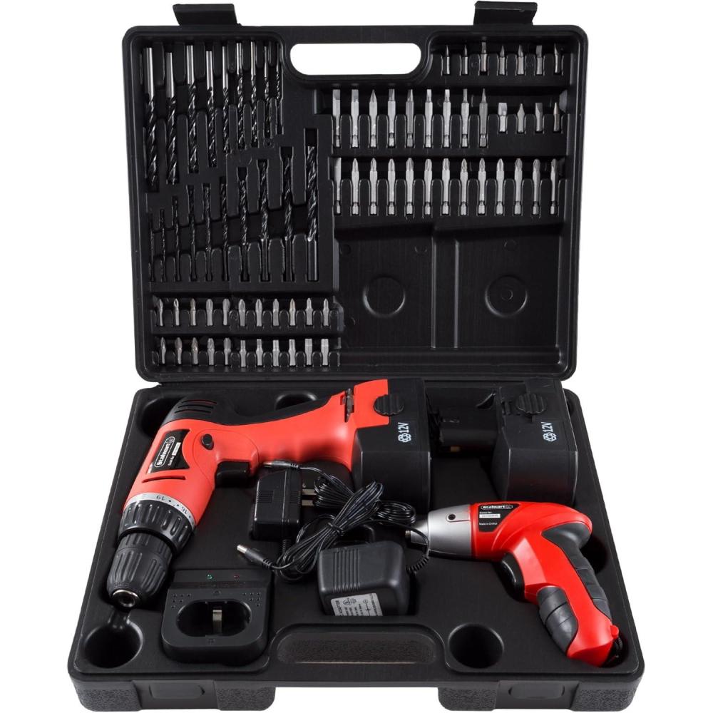 image:image65Piece Drill Set  Cordless Drill and Accessory Kit with Rechargeable Battery Flashlight Drilling Bit Set Sockets and More by Stalwart Red74Piece 12 Volts