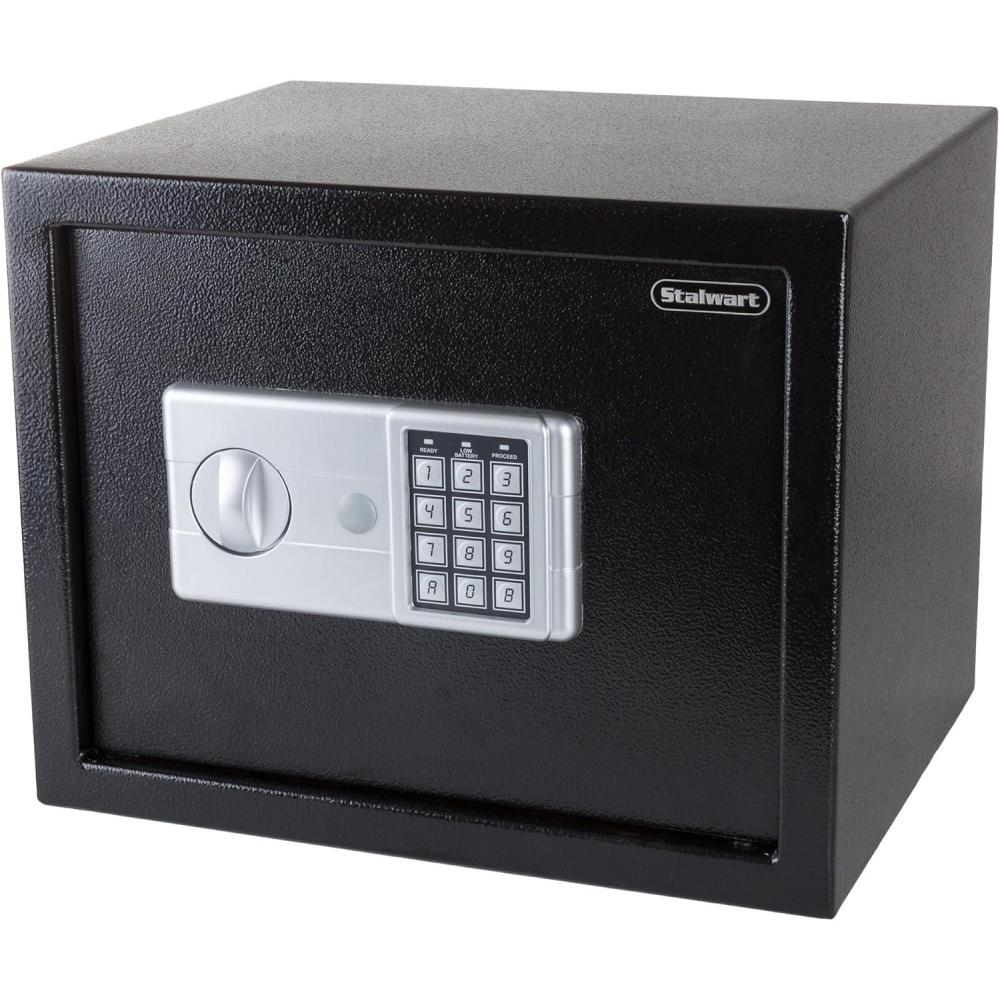image:imageDigital Safe  Compact Steel Money Security Box with Electronic Keypad and 2 Manual Override Keys  Large Strongbox for Valuables by Stalwart Black