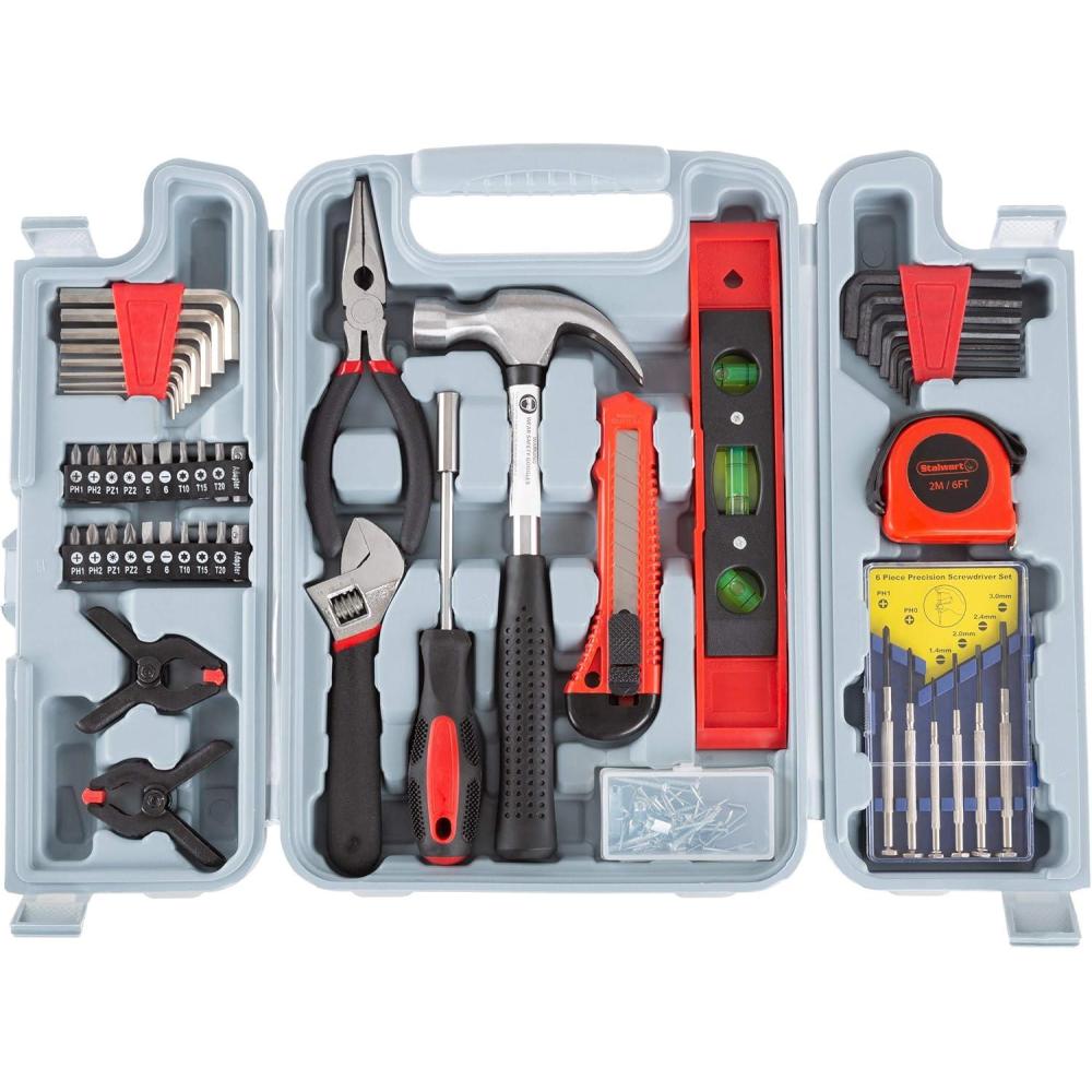 image:imageTool Kit  132 HeatTreated Pieces with Carrying Case  Essential Steel Hand Tool and Basic Repair Set for Apartments Dorm Homeowners by Stalwart132 pc with Level