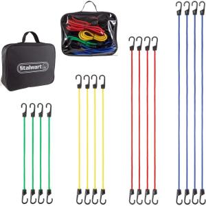 16 Piece Bungee Cord Set- Assortment of 4 Sizes- 18”, 24”, 32” 40” with Storage Bag-Tie Downs with Hooks for Trucks, Trailers, ATVs & More by Stalwart(16-Piece Set with Bag)