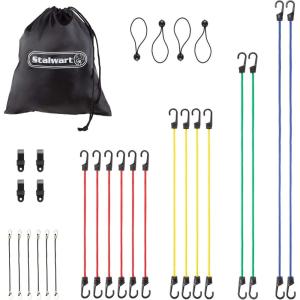 16 Piece Bungee Cord Set- Assortment of 4 Sizes- 18”, 24”, 32” 40” with Storage Bag-Tie Downs with Hooks for Trucks, Trailers, ATVs & More by Stalwart(28-Piece Set)