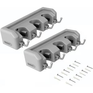 2-Pack Wall Storage Organizer – Garage Utility Rack with 3 Adjustable Slots and 4 Hooks – Garden Tool, Mop, and Broom Holder by Stalwart (Gray)