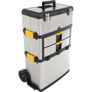 3-Part Portable Tool Box – Stainless-Steel Drawer Organizer with Wheels, Extendable Handle and Tough Latches – Rolling Tool Chest by Stalwart (Silver)
