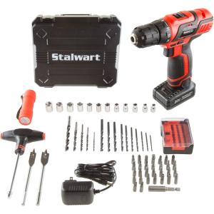 65-Piece Drill Set – Cordless Drill and Accessory Kit with Rechargeable Battery, Flashlight, Drilling Bit Set, Sockets, and More by Stalwart (Red)(65-Piece (20 Volts))