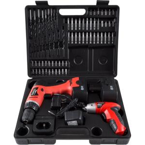 65-Piece Drill Set – Cordless Drill and Accessory Kit with Rechargeable Battery, Flashlight, Drilling Bit Set, Sockets, and More by Stalwart (Red)(74-Piece (12 Volts))