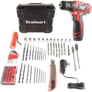 65-Piece Drill Set – Cordless Drill and Accessory Kit with Rechargeable Battery, Flashlight, Drilling Bit Set, Sockets, and More by Stalwart (Red)(75-Piece (12 Volts))