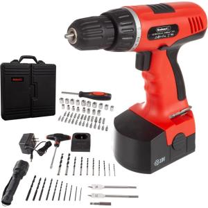 65-Piece Drill Set – Cordless Drill and Accessory Kit with Rechargeable Battery, Flashlight, Drilling Bit Set, Sockets, and More by Stalwart (Red)(78-Piece (18 Volts))