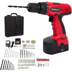 65-Piece Drill Set – Cordless Drill and Accessory Kit with Rechargeable Battery, Flashlight, Drilling Bit Set, Sockets, and More by Stalwart (Red)(89-Piece (18 Volts))