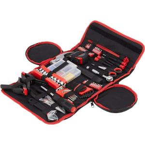 86-Piece Household Hand Tool Set with Roll-Up Bag – Tool Kit with Screwdrivers, Pliers, Wrenches, and More – Great for the Home or Car by Stalwart(Red)