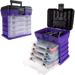 Portable Tool Box – Small Parts Organizer with Drawers and Customizable Compartments for Hardware, Fishing Tackle, Beads, or Crafts by Stalwart (Pink)(Purple)