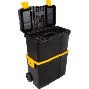 Portable Tool Box with Wheels – Stackable 2-in-1 Tool Chest with Fold-Down Comfort Handles, Tough Latches, and Removable Storage Trays by Stalwart(Black/Yellow)