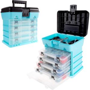 Portable Tool Storage Box – Small Parts Organizer with 4 Multi-Compartment Trays for Fishing Tackle, Hand Tools, or Craft Supplies by Stalwart (Red)(Blue)