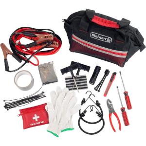 Roadside Emergency Car Kit – 55-Piece Set Includes Jumper Cables, Tire Repair Supplies, First Aid Kit, Flashlight, and Travel Bag by Stalwart (Red)