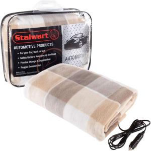 Stalwart Heated Car Blanket – 12-Volt Electric Blanket for Car, Truck, SUV, or RV – Portable Heated Throw, Camping Essentials (Tan)(Gray Plaid)
