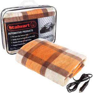 Stalwart Heated Car Blanket – 12-Volt Electric Blanket for Car, Truck, SUV, or RV – Portable Heated Throw, Camping Essentials (Tan)(Orange Plaid)