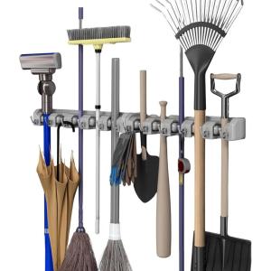Wall Organizer with Adjustable Slots and Hooks – Wall-Mounted Tool and Broom Holder – Organization and Storage for the Kitchen and Garage by Stalwart(TWO PACK)