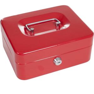 Lockbox Safe with Coin Compartment Tray- Secure and Organize Small Valuables in Key Locked Durable Powder Coated Metal Cash Box Safe- Red by Stalwart, 8″