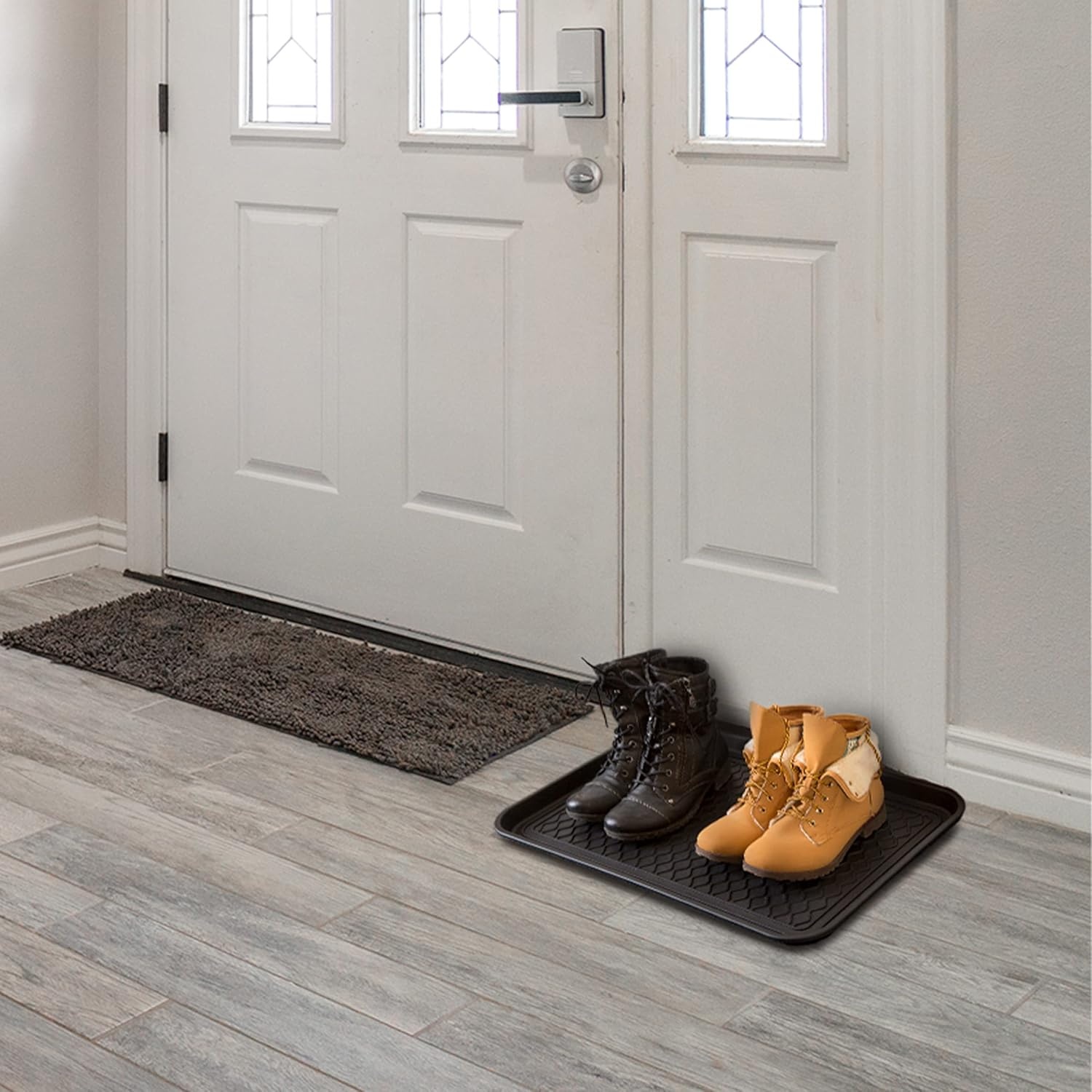 image:imageAll Weather Boot Tray Medium Water Resistant Plastic Utility Shoe Mat for Indoor and Outdoor Use in All Seasons by Stalwart Set of Two Dark GreyBlack