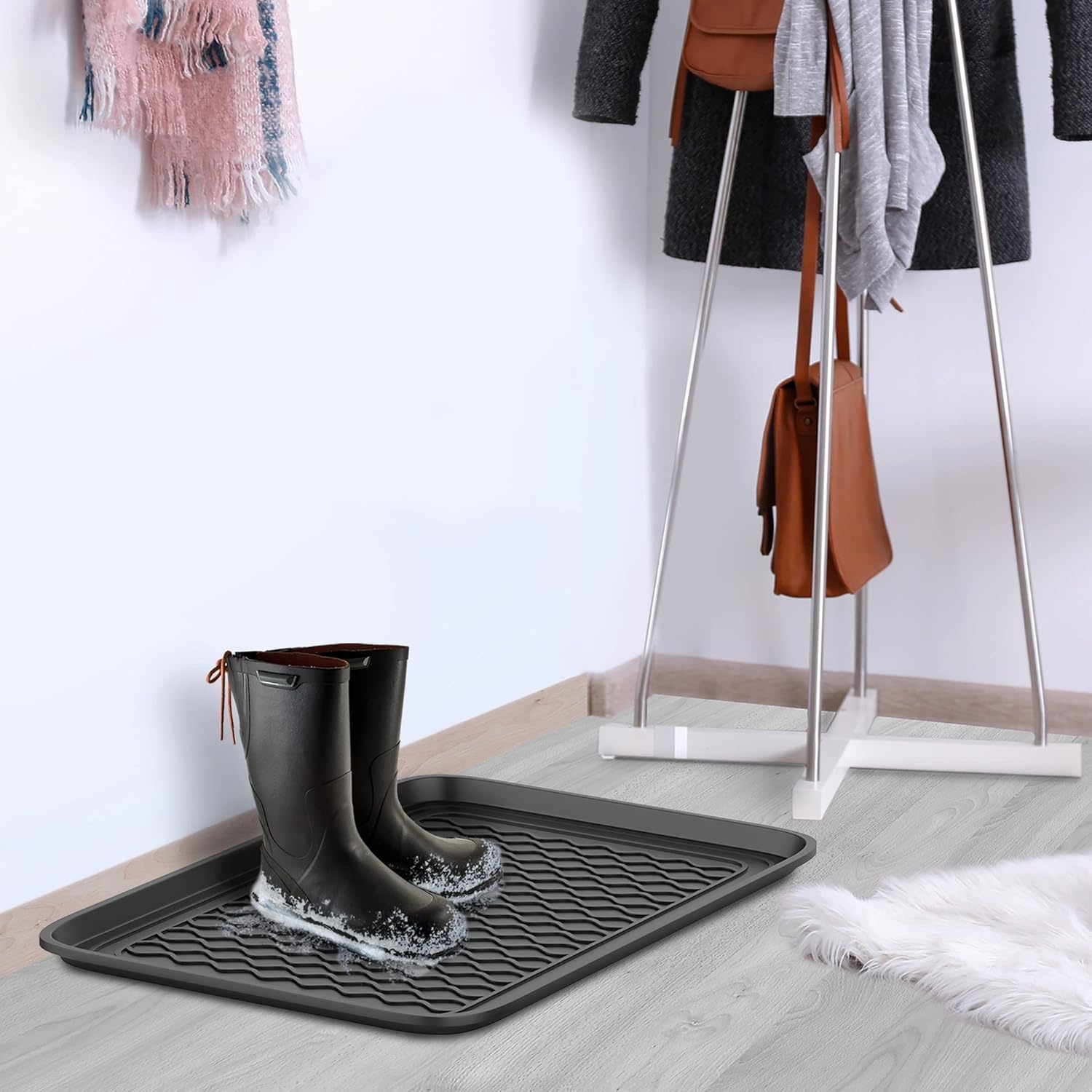 image:imageAll Weather Boot Tray Medium Water Resistant Plastic Utility Shoe Mat for Indoor and Outdoor Use in All Seasons by Stalwart Set of Two Dark GreyDark Grey